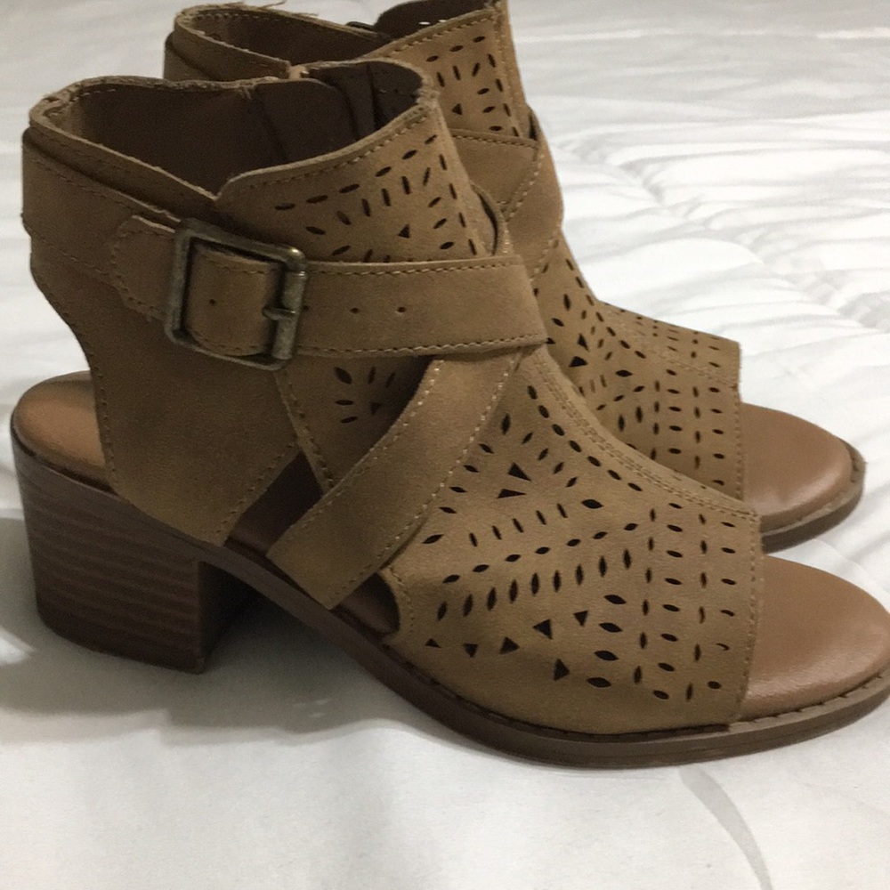 Tan peep toe booties